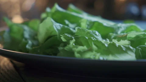 Slide close up shot of vegetable salad leaves on plate, healthy and organic Video stock 154102258