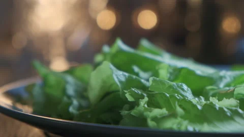 Slide close up shot of vegetable salad leaves on plate, healthy and organic Video stock 165773280