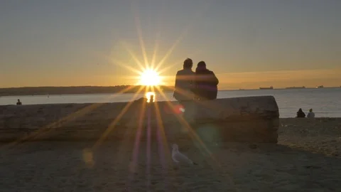 A slide of a couple looking at the sunset by the beach in vancouver canada Stock Footage 96958327