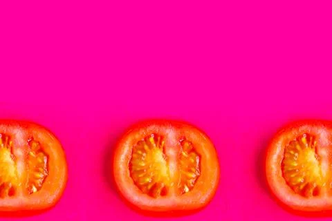 Slide fresh tomato pattern on red background, minimalism concept, copy space, Stock Photos