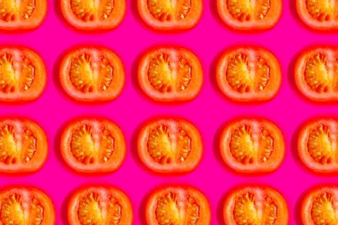 Slide fresh tomato pattern on red background, minimalism concept Stock Photos