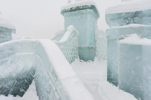 Slide made of ice .   objects made of snow and ice. .winter fun for children Stock Photos
