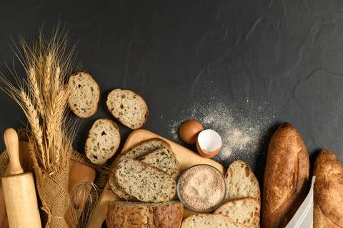 Slide multi grain sourdough bread and sliced Baguette with Whole Wheat Flour Stock Photos