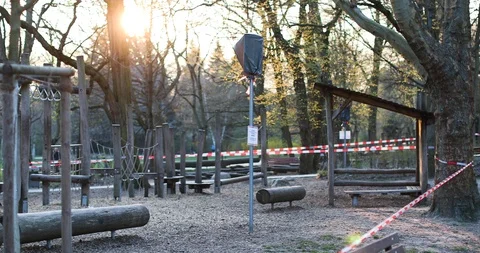 Slide in playground closed off Covid-19 Corona Virus Frankfurt germany Stock Footage 126664652