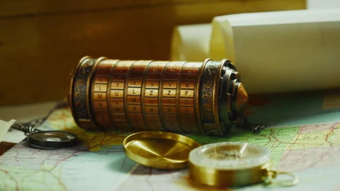 Slide Reveal of Cryptex with Map and Compass, Adventure Puzzle Concept Stock Footage 334088699