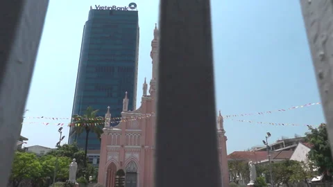 Slide right video shot of Da Nang Cathedral from behind entrance Видео 271062185