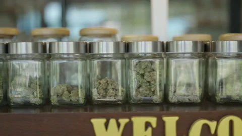 Slide shot of crystal jars full of medicinal marihuana in a legal weed shop Stock Footage 236453889