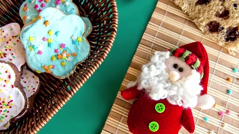 Slide show of Biscuits and panettone with christmas decoration, Top view Stock Footage 165902257