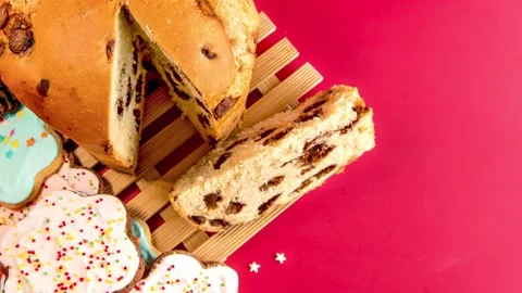 Slide show of Biscuits and panettone with christmas decoration, Top view Stock Footage 166178598