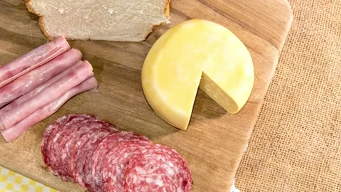 Slide show Colonial breakfast served with bread, cheese, ham and salami Top  Stock Footage 167970797