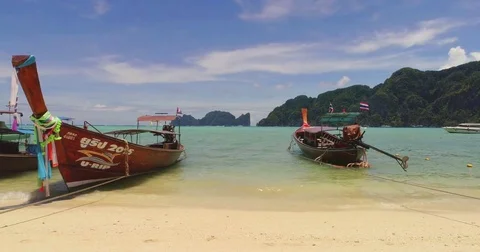 Slide video of the beach with boats at Phi-Phi island. Drone video of Video stock 75733999
