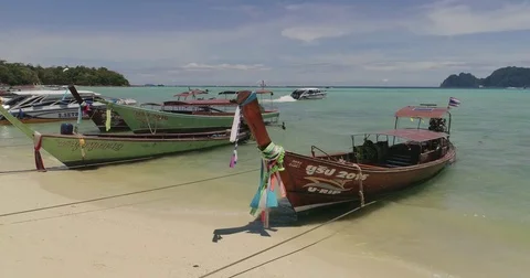 Slide video of the beach with boats at Phi-Phi island. Drone video of Video stock 75767995