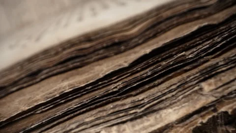 Slider macro view of ancient papyrus,archival manuscripts.Medieval library tomes Stock Footage 243492053