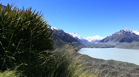 Slider move across top of glacial lake, mountains in the distance Stock Footage 34345054