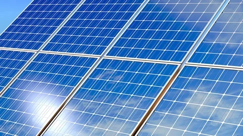 Slider move on solar panels with reflective blue sky and clouds - 3d render Stock Footage 103616543