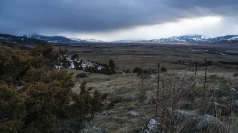 Slider pan across mountain valley grey dreary Stock Footage 167051353