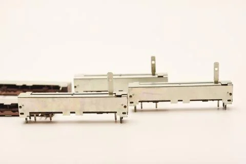 Slider potentiometers. Variable resistors. Devices for voltage changes. 스톡 사진