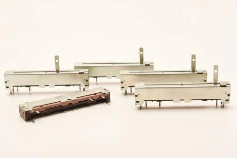 Slider potentiometers. Variable resistors. Devices for voltage changes. Stock-Fotos