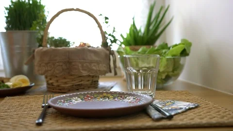 Slider shot of delicious easter breakfast on the table. Breakfast or Stock Footage 106845019
