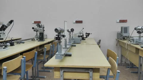 Slider Shot Of Desks Inside Empty Physics School Class Stock Footage 145679648
