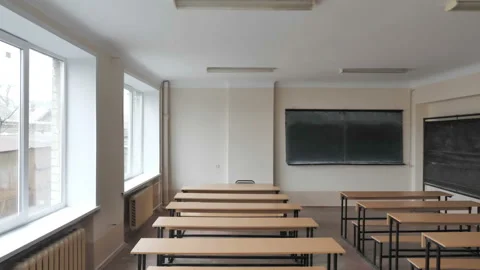 Slider Shot Of Empty Study Hall In High School Stock Footage 122078767