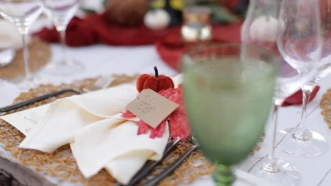 Slider shot of a fall themed place setting for an outdoor dinner Stock Footage 317602336