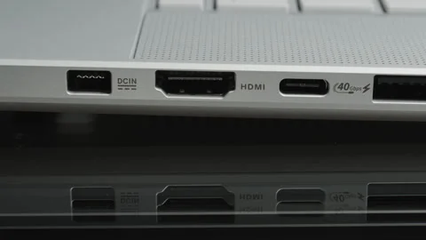 Slider Shot of a Laptop Side Panel Displaying Multiple Ports Including DCIN, Vidéo 296363821