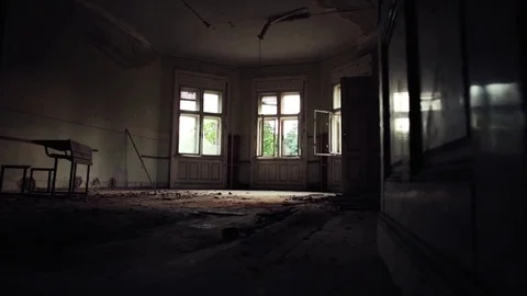 Slider shot of large room in an old, haunted abandoned building Stock Footage 81778341