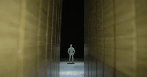 Slider shot push into model figure of man and women in hallway Video stock 153919402