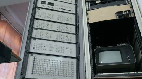 Slider Shot Of Retro Computing Machine With Control Panel. Stock Footage 105466376