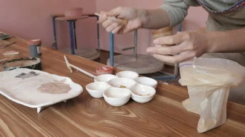 Slider View Hand Mixing Paint By Brush. Artstudio.  Stock Footage 127921880