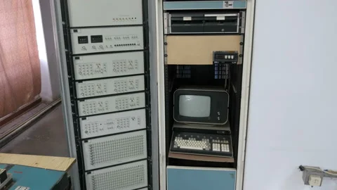 Slider view of old computer and electronic equipment Stock Footage 121664558
