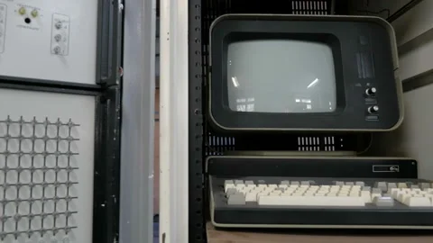 Slider view of old computer with CRT monitor. Concept: retro style, vintage Stock Footage 97779057