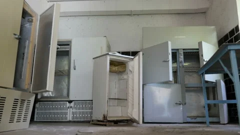 Slider View Of Old Refrigerators Ready For Using In Old Cafe, Dining Room Stock Footage 100446250
