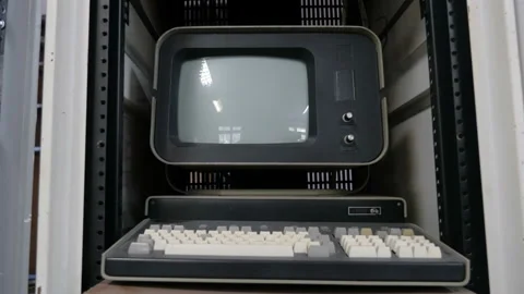 Slider view of old vintage computer from the 80s - 90s. Retro style concept Stock Footage 97778998