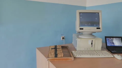 Slider View Of Vintage Computer, Modern Laptop And Abacus Calculator.  Computing Stock Footage 126372282