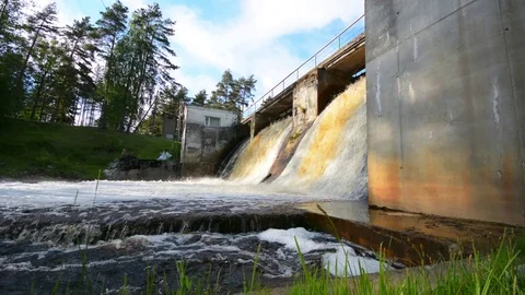 Slider/Dolly Shot of Waterfall and an Old Dam. Summer landscape. Stock Footage 76822937