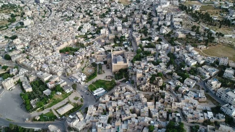 Sliding aerial view of Cave of Patriarchs and Hebron city center. DJI_0002-08 Stock Footage