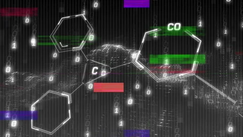 Sliding bars initiating binary rain rotating hexagons linking lines into labeled Stock Footage 315892689