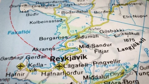 Sliding camera movement over Iceland road map toward Reykjavik 스톡 동영상 332798407