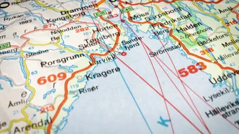 Sliding camera movement over road map focusing on Oslo, Norway. Stock Footage 332798297