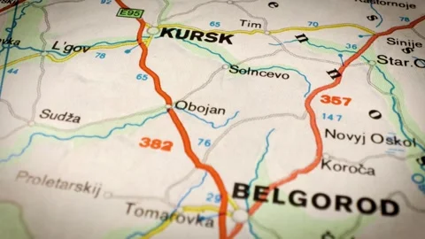 Sliding camera movement over road map from Charkov, Ukraine to Kursk, Russia Stock Footage 332798298