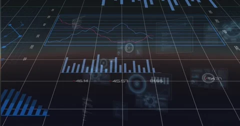Sliding camera revealing blue 3D analytics plane showing data with doughnut, Stock Footage 331570848