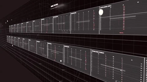 Sliding camera revealing twin panel rows on dark grid, ticker updating, cursors Stock Footage 337505058