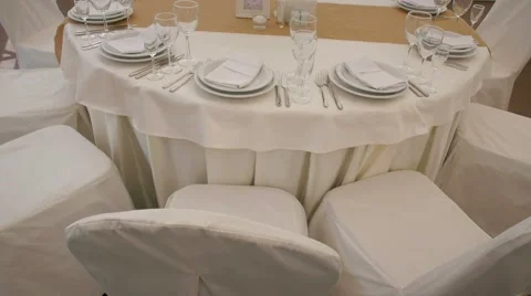 Sliding camera white table design wedding party flowers Stock Footage 66241106