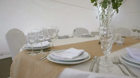Sliding camera white table design wedding party flowers Stock Footage 66241111