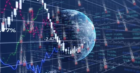 Sliding candles entering from left overlapping 3D globe, binary rain, % rising, Stock Footage 329533037