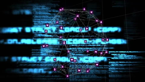 Sliding code starting 3D network sphere emerging, rotating, pulsing nodes icons Stock Footage 309894328