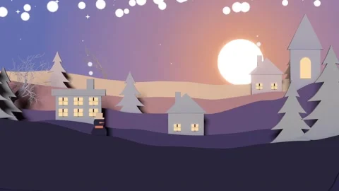 Sliding cut-outs assembling winter village on hills during scene opening, moon Stock Footage 340268332