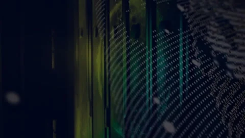 Sliding data bars, rotating digital globe, binary stream forming dot grid Stock Footage 309894221
